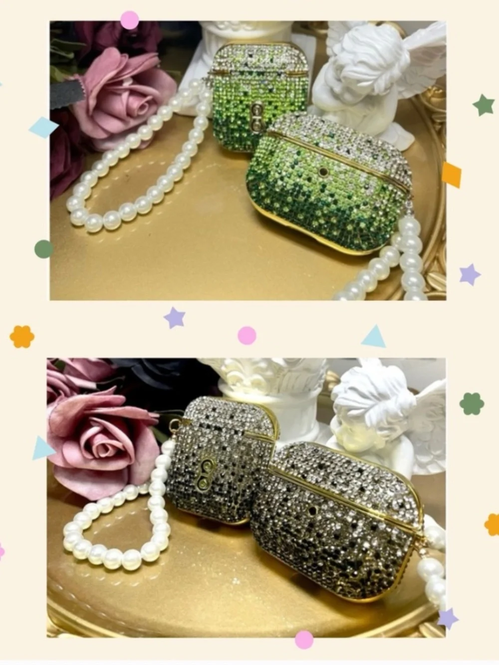 2 items.AirPods 1/2/pro1 Rhinestone gradient bling case with pearl chain